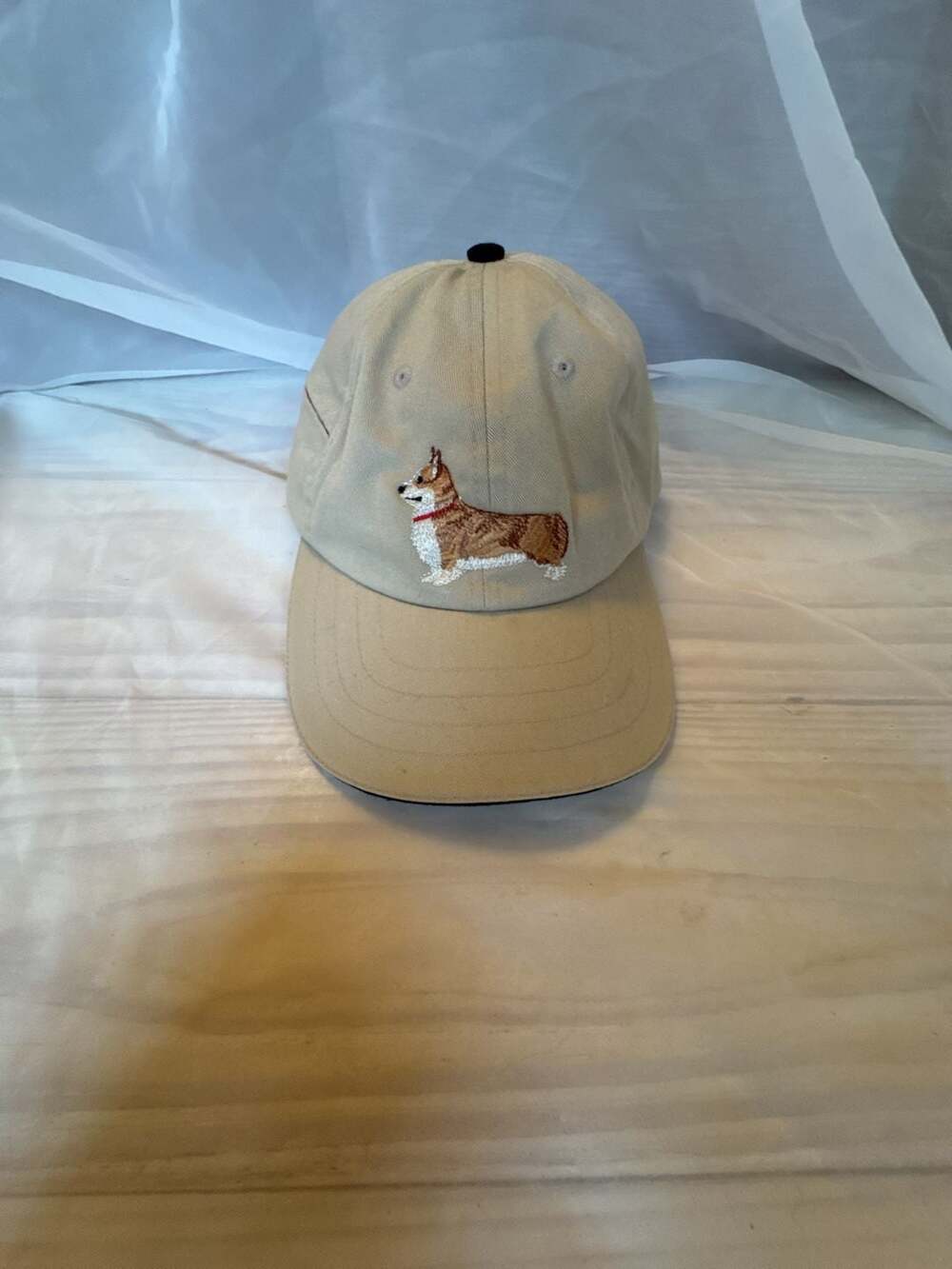 Beige Corgi Embroidered Baseball Cap with Secret Stash Zipper Pocket